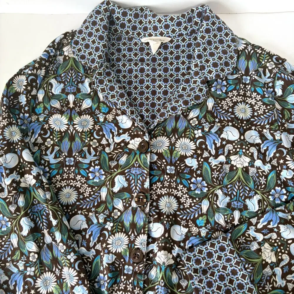 Vera Bradley 100% Cotton Forest Notch Collar Pajama Set Blue Brown Size S